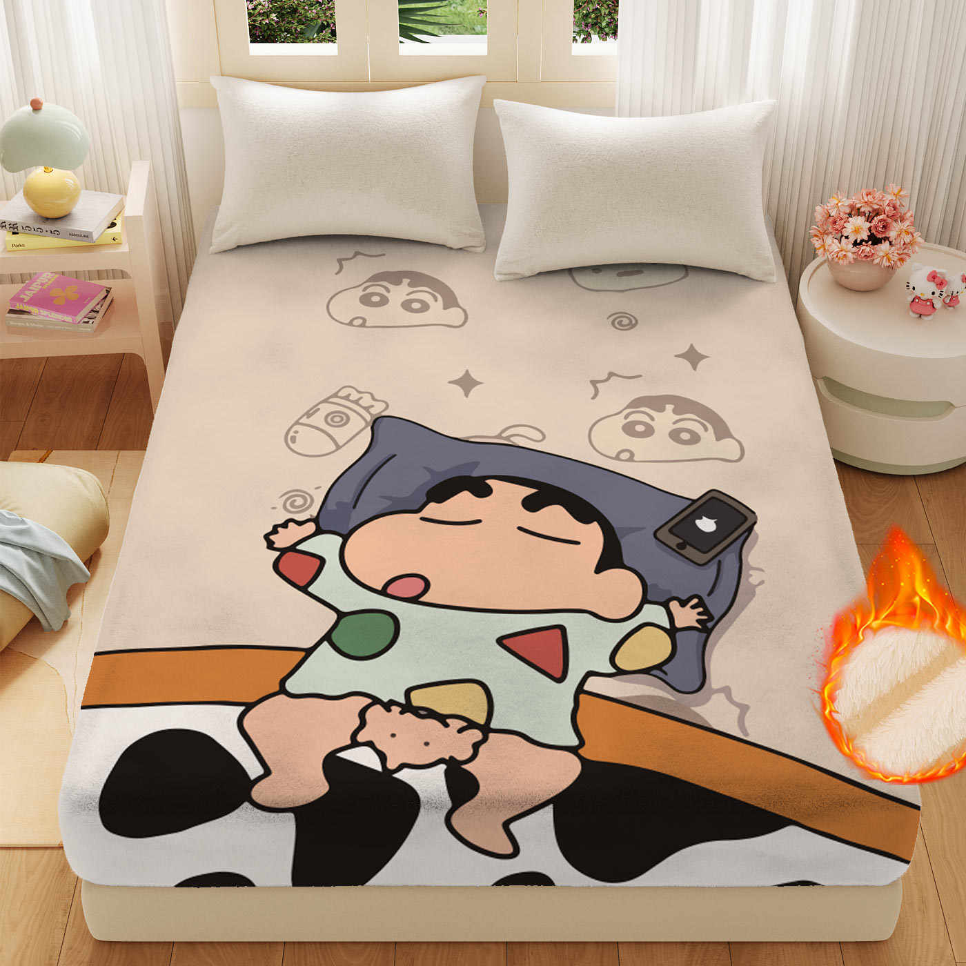 牛奶绒蜡笔小新卡通可爱床笠单品床罩席梦思床垫套保护罩冬季保暖