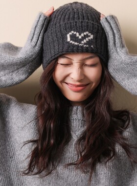 小众设计爱心图案毛线帽女100％羊毛卷边大头围针织保暖套头冷帽