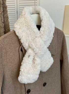 秋冬加厚保暖交叉小围脖仿獭兔毛毛绒纯色百搭短款护颈围巾毛领子