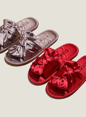 夏季新款结婚拖鞋女新款喜庆红色一对丝绸陪嫁防滑拖鞋家用