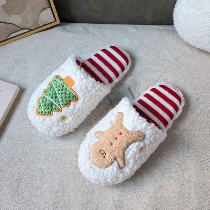秋冬可爱卡通圣诞树饼干人针织条纹防滑软底木地板静音家用拖鞋