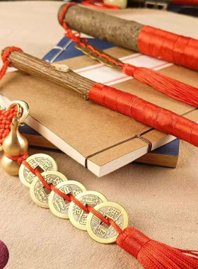 桃木手工摆件中国结铜钱流苏装饰乔迁送礼家居客厅挂件23cm