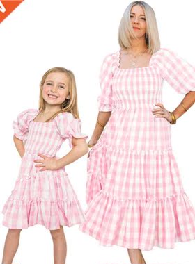 Summe M Daughter Matching Dresses Pink Grid Spring Fami