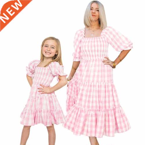 Summe M Daughter Matching Dresses Pink Grid Spring Fami