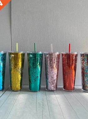 710ml/24oz Creative Straw Cup Colorful Double Layer Juice