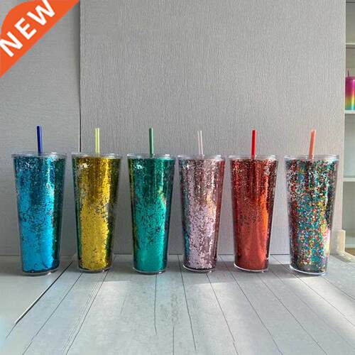 710ml/24oz Creative Straw Cup Colorful Double Layer Juice
