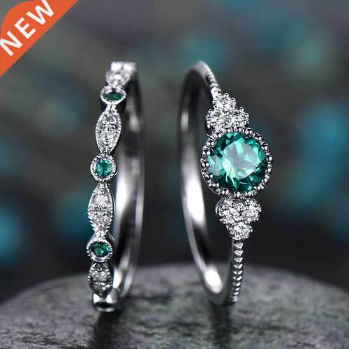 2Pcs/Set Luxury Green Blue Stone Crystal Finger Rings For Wo