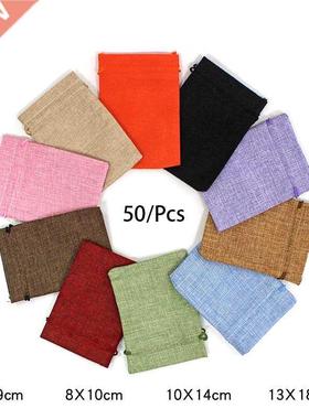 50Pcs/Lot Drawstring Natural Burlap Bag Jute Gift Bags Multi