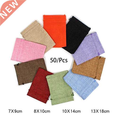 50Pcs/Lot Drawstring Natural Burlap Bag Jute Gift Bags Multi