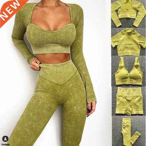 1/2/3PCS Rbbed Washed Seamless Yoga Set Crop Top Women Shr