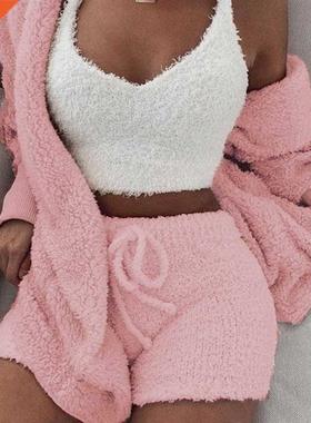 3PCS Pajama Set Women Wnter Plus Sze Fluffy Sut Coral Vel