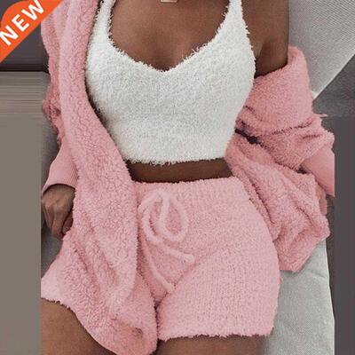 3PCS Pajama Set Women Wnter Plus Sze Fluffy Sut Coral Vel