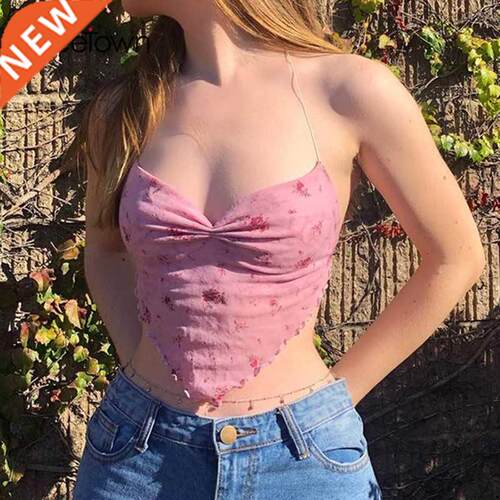 Sweetown Pink Cute Mesh Halter Tops Women Flower Print New A