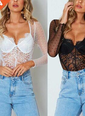 2019 Summer New Women's Long Sleeve lack Lace Perspective J