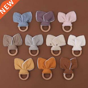 Baby Wooden Ring Teether Soft Cotton Rabbit Ear Comforting T