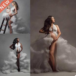 White Maternity Women Tulle Dresses Party Prom Gowns V Neck