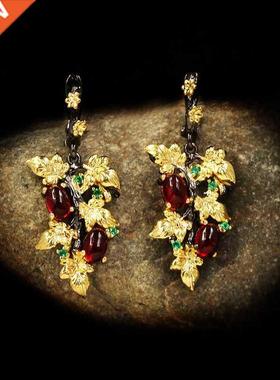 New Elegant Black Gold Ruby Pendant Flower Leaf 925 Silver E