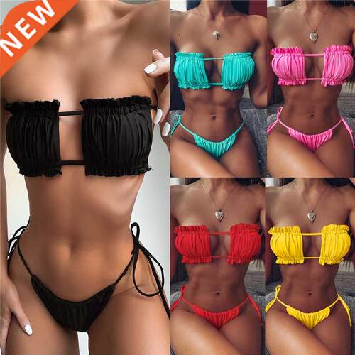 2022 Summer Women Pu Up Bikinis Set Solid Color Strapless
