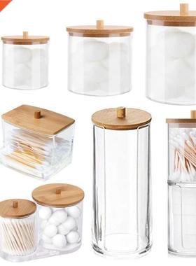 Cotton Swab Organizer Storage Bamboo Cover Acrylic Round Org