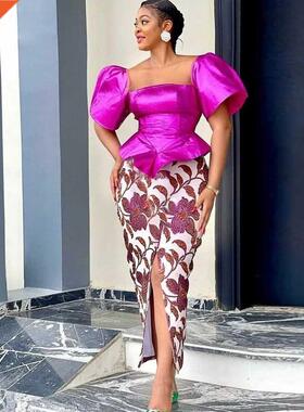 新款方领灯笼袖不规则衬衫印花开叉宴会两件套女Two-piecese