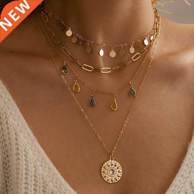 docona Boho Water Drop Colorful Crystal Pendant Necklace for