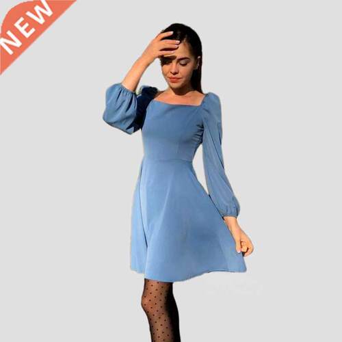 CHUSES Solid Casual Sing Mini Dess uff Sleeve Squae Ne