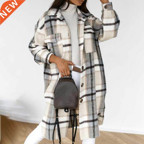 2021 Autumn Women Shirt Coat Fashion Plaid Printed Turn Down