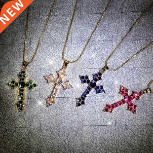 Huitan Fashion White/Rose Red/Green Blue Cross Necklace for