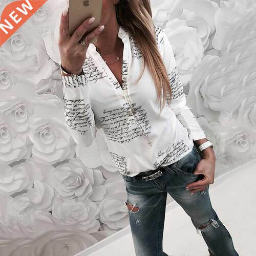 Women's Spring Printed Letter V-collar Long Sleeve Blouse