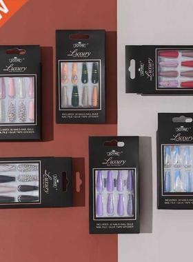 1 Box False Nails with Blue Butterfly Designs Long Coffin