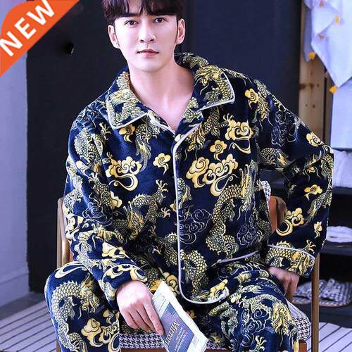 Coral Fleece Men Paja Set AUtumn Winter Soft Thicken Carto