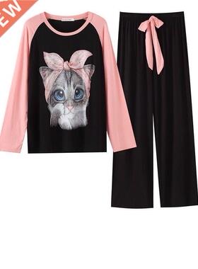 Pjm Sets for Women Crtoon Printed Long Sleeve O-neck Kor