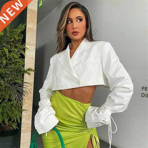 Women Blazer V Neck Long Sleeve Cropped Blazer Lace Up Coat