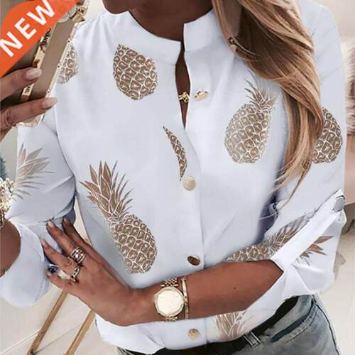 Fshion Women Long Sleeve Gold Pinepple Print Blouse V Neck