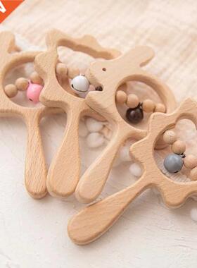 1PC Baby Wooden Rattle Beech Animal Hand Teething Wooden Rin