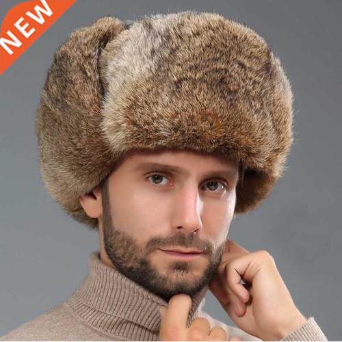 HT3262 Thck Warm Bomber Hat Men Real Rabbt Fur Earflap Tra