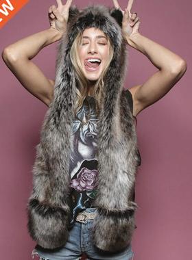 Faux Fur Hood Animal Hat Ear Flaps Hand Pockets 3in1 Animal
