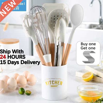 White Cooking Kitchenware Tool Silicone Utensils With Wooden