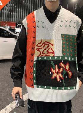 Sweater Vest Men Simple Patchwork Design Ins Retro College A