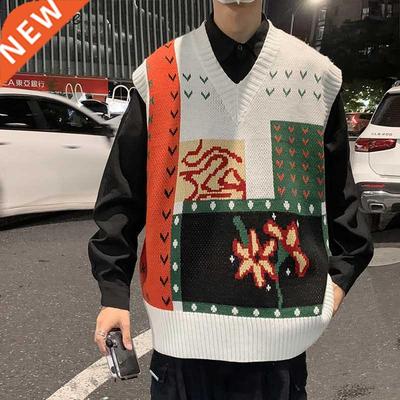 Sweater Vest Men Simple Patchwork Design Ins Retro College A