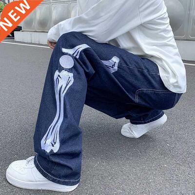 raight Jean Pants Man Skeleton Embroidery Mopping Trouser