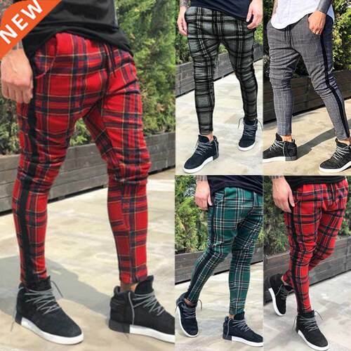Men's Long Casual Sport Pants Slim Fit Plaid Print T