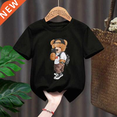 Funny Bear Selfie Print Red Kid T-shirts Children Baby Black