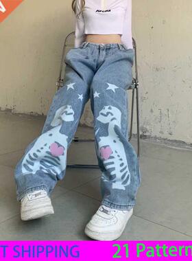 Women Skull Cartoon Print Pocket Denim Straight Pants Light