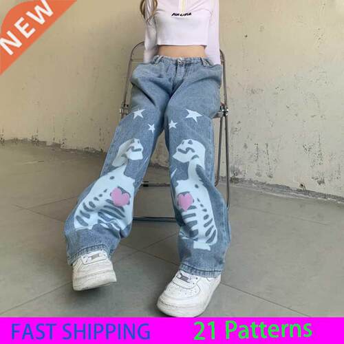 Women Skull Cartoon Print Pocket Denim Straight Pants Light