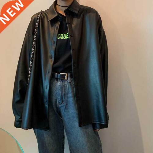 New Women oversized PU leather blouses 2021 Spring Autumn Bl