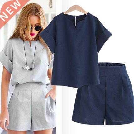 Summer Tracksuit Women Two Piece Set Cotton Linen Solid Pull