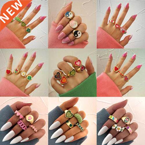 17KM Vintage Golden Heart Rings Set for Women Fashion Pink G