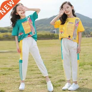 Girls Clothes 2022 Summer Short Sleeve Shirts + Long Pants B