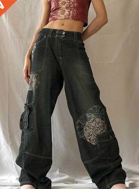 New Retro Graphic Print Y2K Baggy Jeans women Grunge pants H